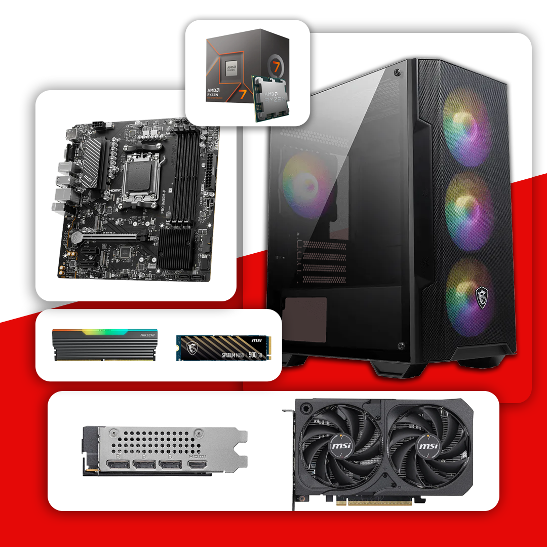 PC GAMER AMD RYZEN 7 8700F- BOARD MSI PRO B650M-P – FUENTE 600W 80 PLUS BRONCE – DDR5 16GB 5600MHz – SSD M.2 500GB NVME – T.V MSI GEFORCE RTX 5050 8GB 2X – CHASIS ATX MSI MAG FORCE M100-A- 4 FANS